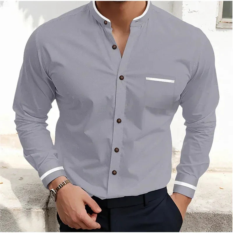 Men's long sleeve grandad collar shirt, modern design, available in purple, pink, yellow, white, grey.