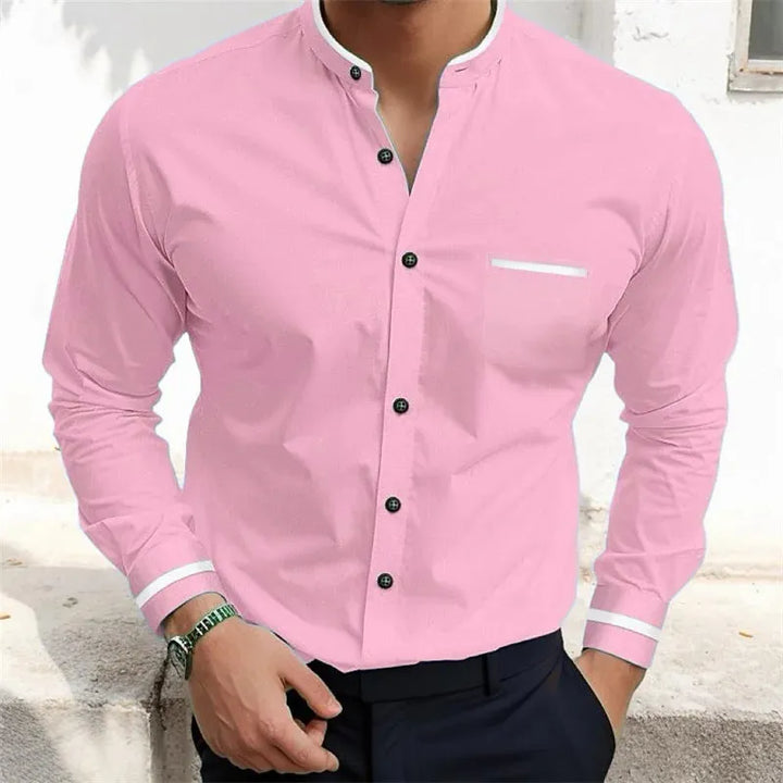Distinctive men's business casual shirt: slim fit, long sleeve, grandad collar, button-down front.