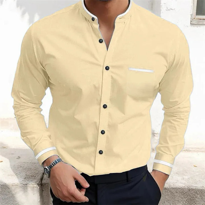Versatile men's grandad collar work shirt, long sleeve, slim fit, for professional & casual settings.