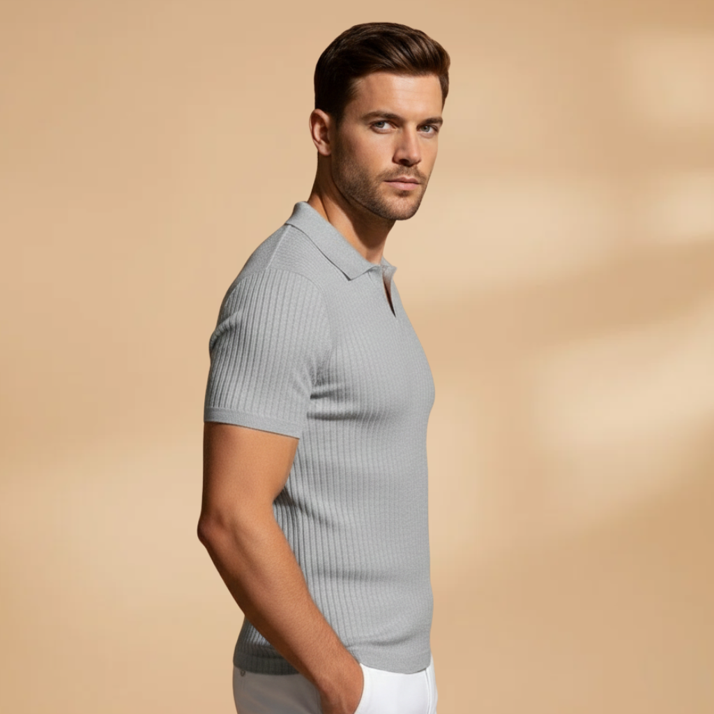 Comfortable ribbed slim fit men's polo shirt, offering a stylish and versatile modern fashion choice.