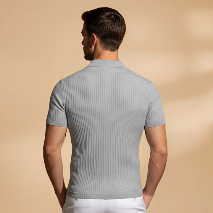 Modern men's ribbed polo shirt, slim fit design ideal for smart casual or elevated everyday wear.