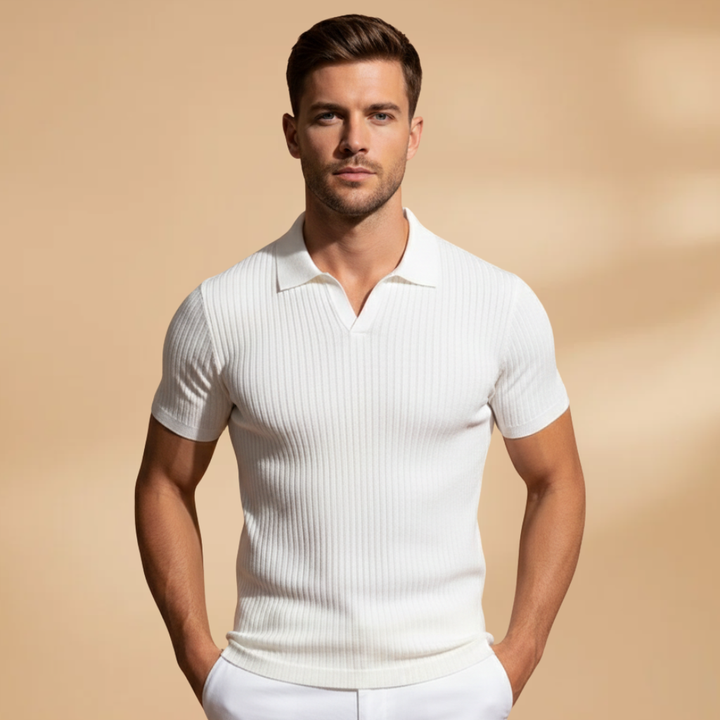 Men's short sleeve slim fit ribbed polo, a modern style essential for a polished and versatile wardrobe.