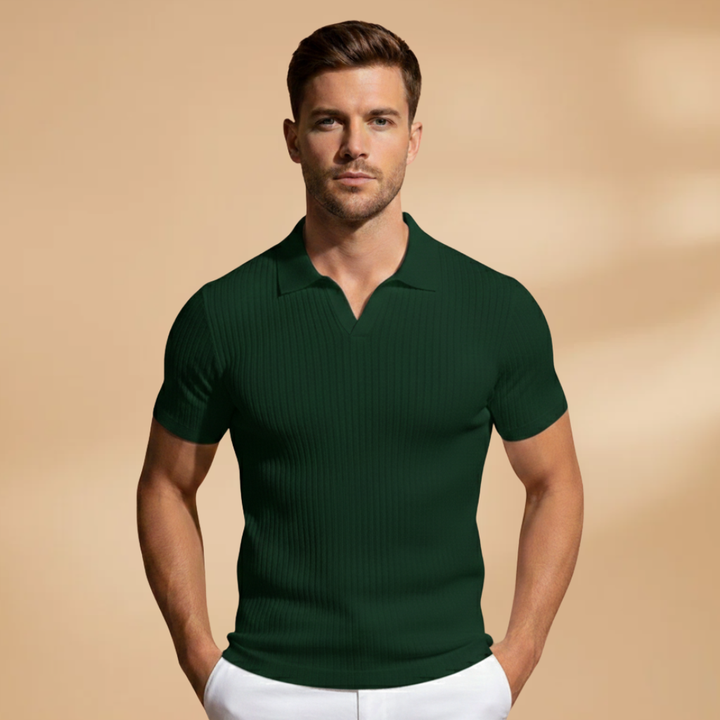 Polished men's slim fit ribbed polo shirt, perfect for a contemporary smart casual ensemble.