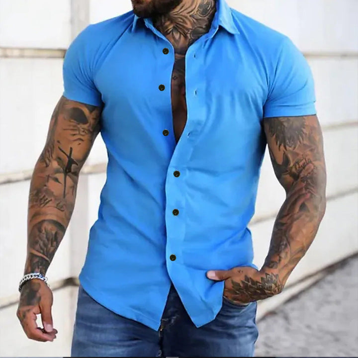 Stylish men's slim fit short sleeve button-up shirt. Casual everyday wear for a modern summer look.