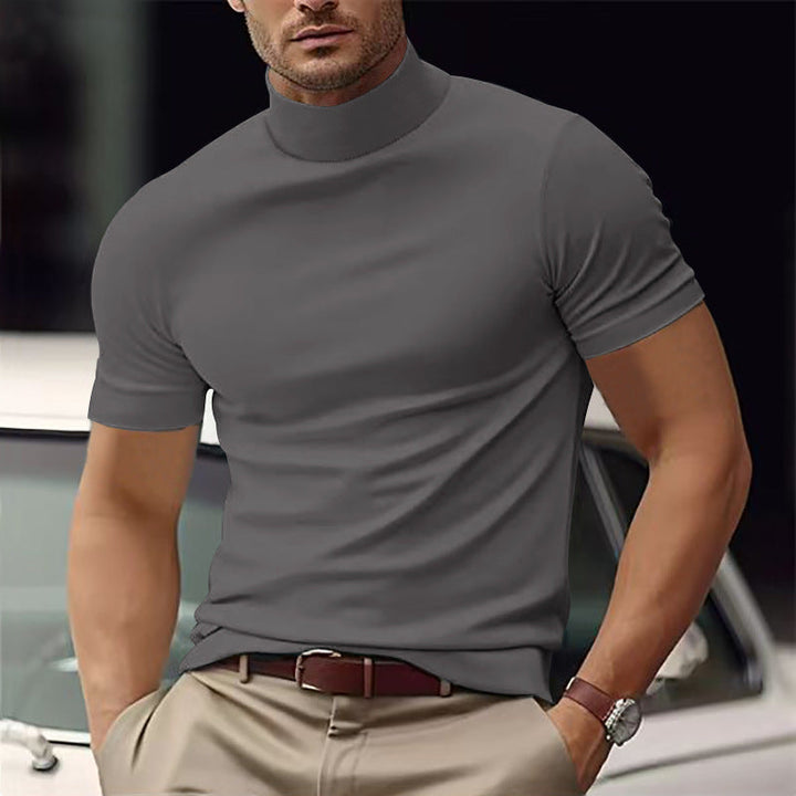 Comfortable men's slim fit mock neck top with short sleeves. A versatile and modern everyday shirt.