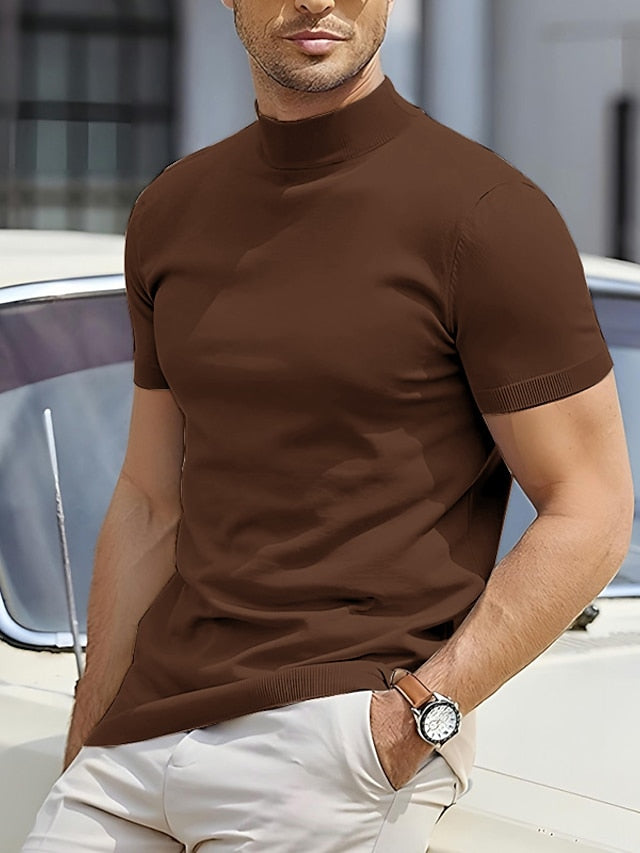 Modern men's short sleeve shirt, featuring a stylish mock neck & slim fit. Great for summer comfort.