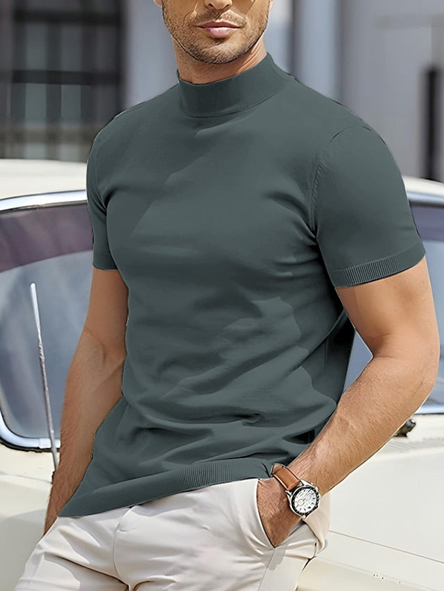 Everyday men's short sleeve mock neck top. Slim fit, modern design, offering sophisticated casual style.