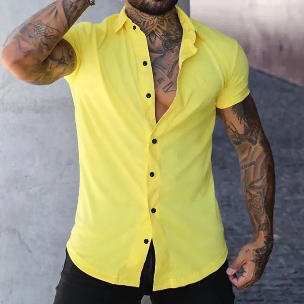 Versatile men's short sleeve slim fit shirt, great for modern casual, formal, spring, or summer looks.
