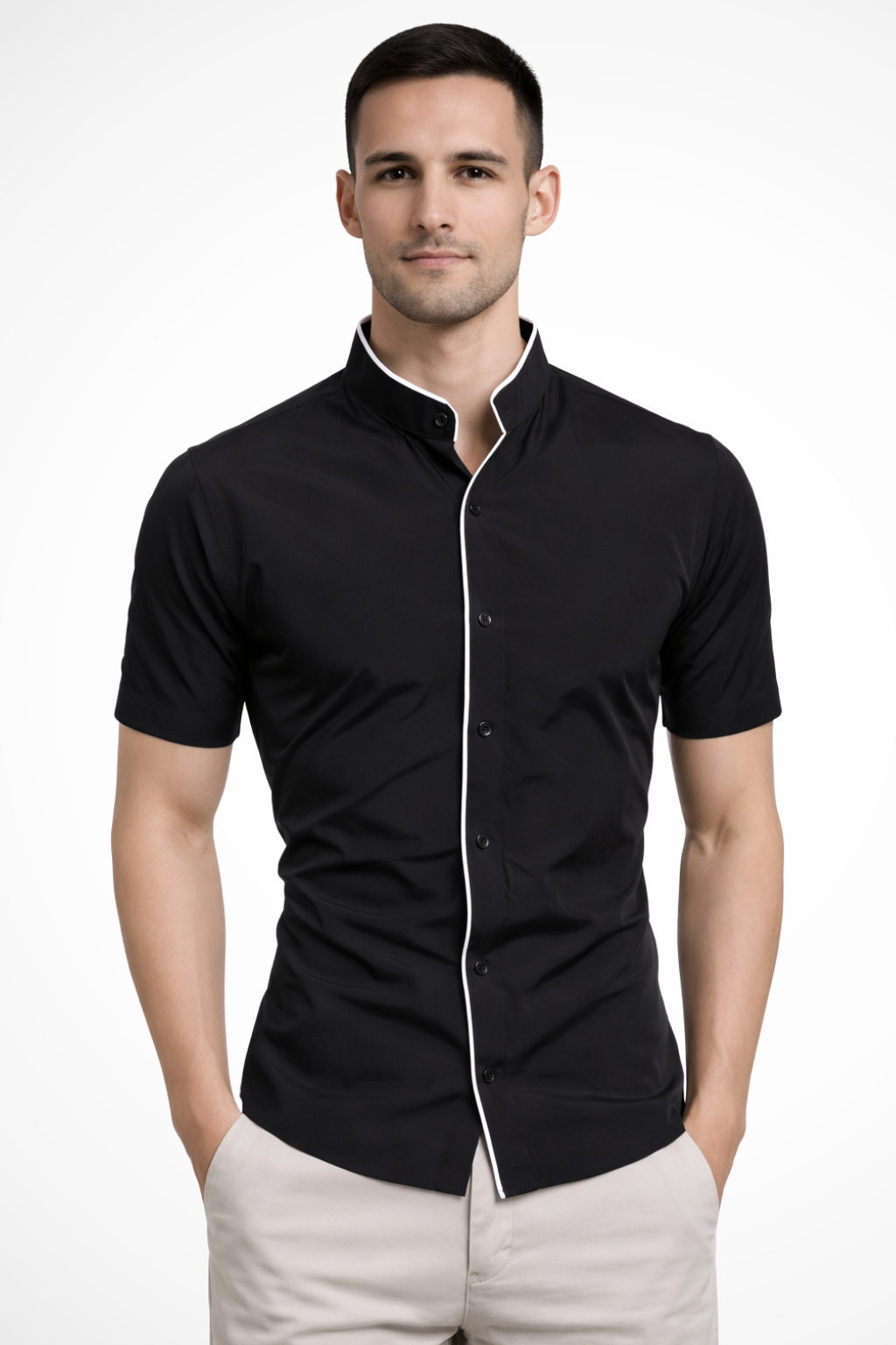 Men's slim fit short sleeve shirt with modern stand collar for a sharp, casual summer look.
