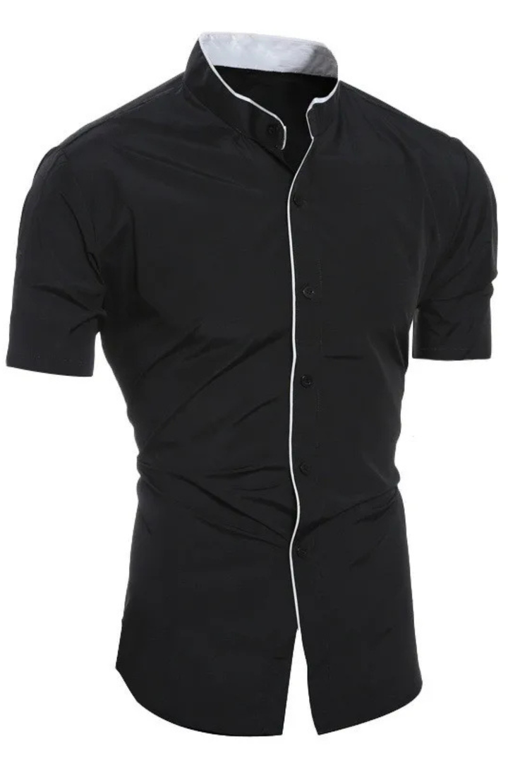 Stylish men's slim fit short sleeve shirt, enhancing physique with a trendy stand collar. Perfect smart casual wear.