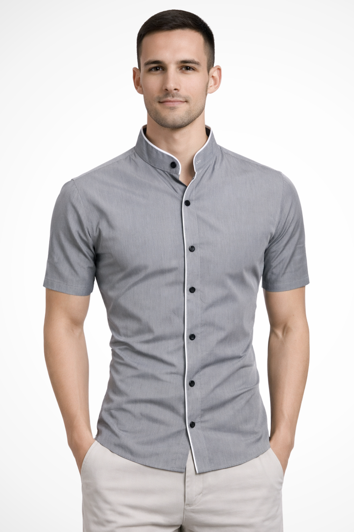 Modern stand collar short sleeve shirt for men, a slim fit button-down blending casual comfort & smart style.