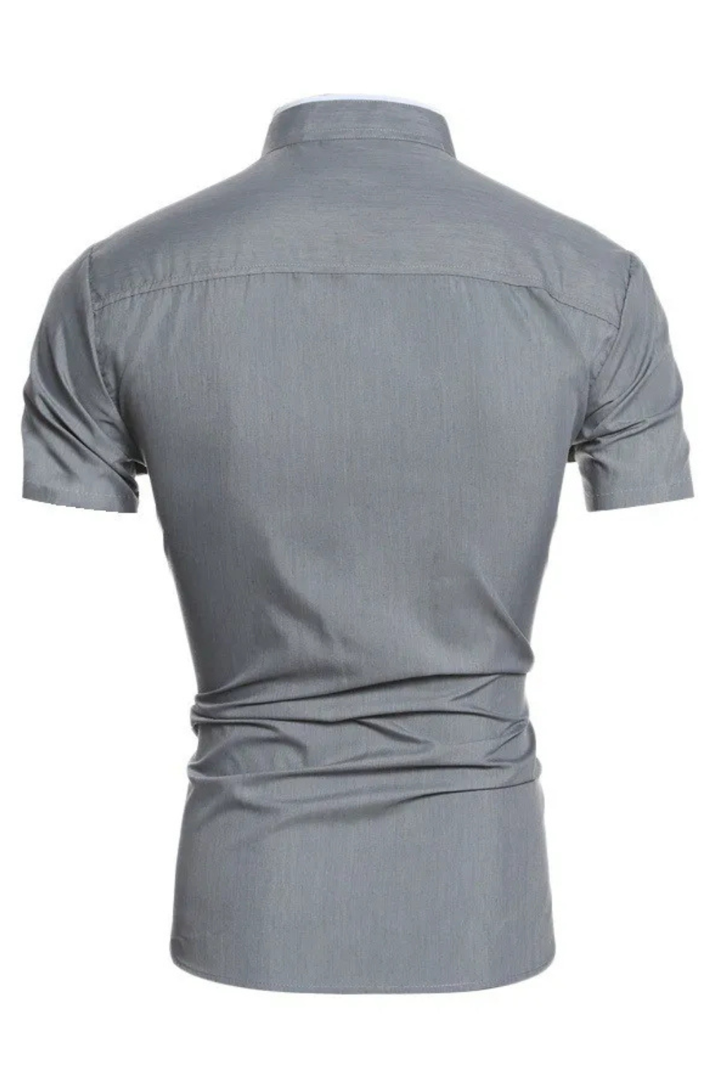 Contemporary men's short sleeve shirt, slim fit design with a distinctive modern stand collar. Essential modern apparel.