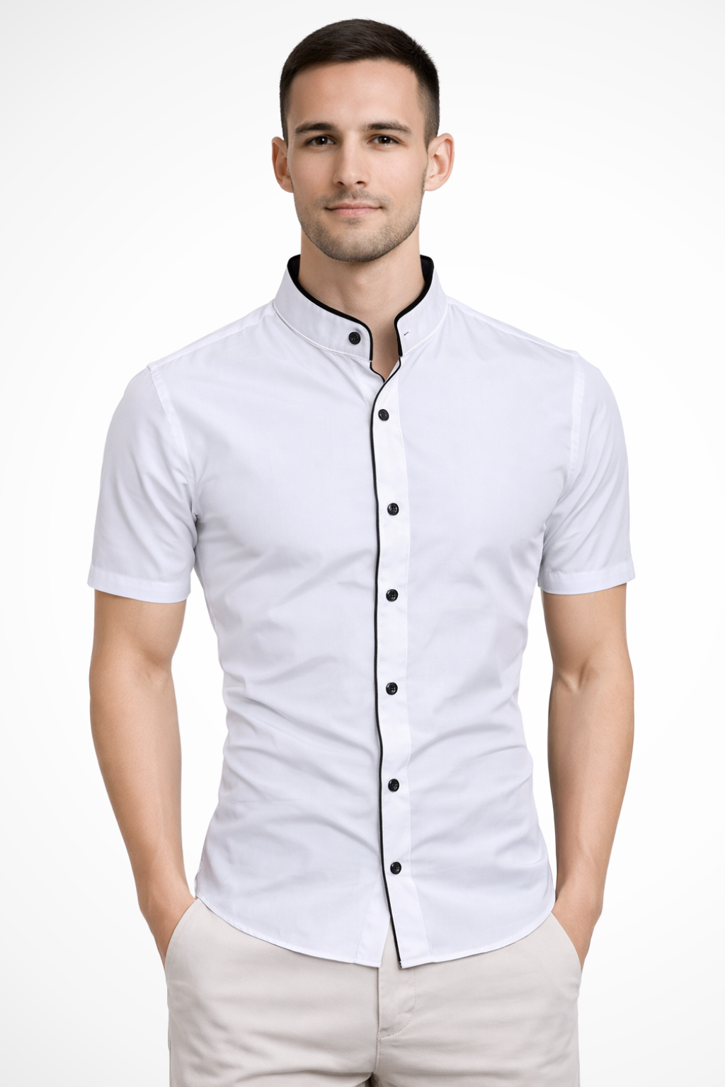 Versatile men's slim fit short sleeve button-down shirt with a modern stand collar for various casual outfits.