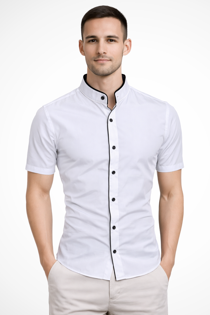 Versatile men's slim fit short sleeve button-down shirt with a modern stand collar for various casual outfits.
