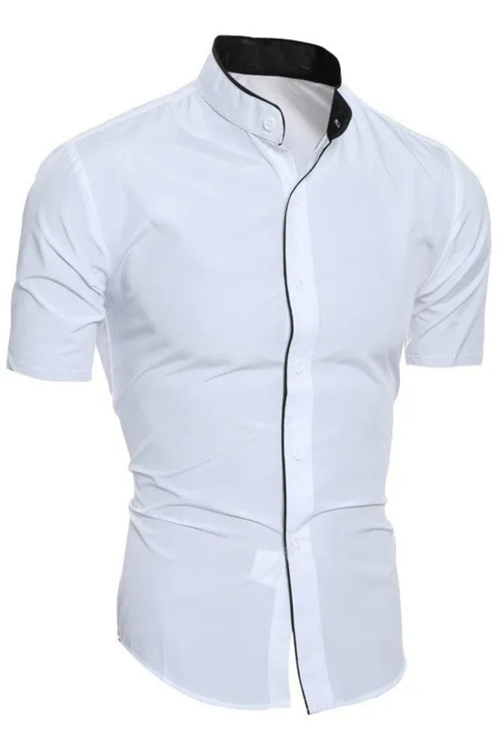 Fashionable men's slim fit short sleeve shirt, featuring a stylish modern stand collar for a sleek, contemporary vibe.