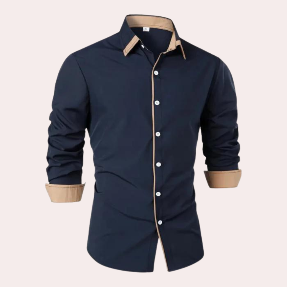 Men's slim fit smart casual shirt with stylish contrast trim, long sleeves, and button-up design for modern fashion.