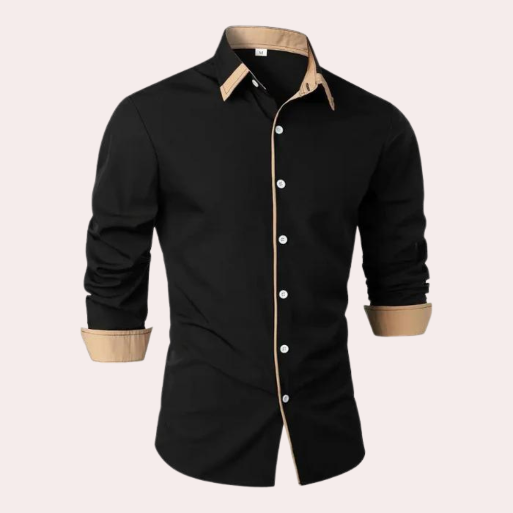 Stylish men's slim fit long-sleeve shirt, perfect for business casual or smart casual events. Features modern contrast trim.