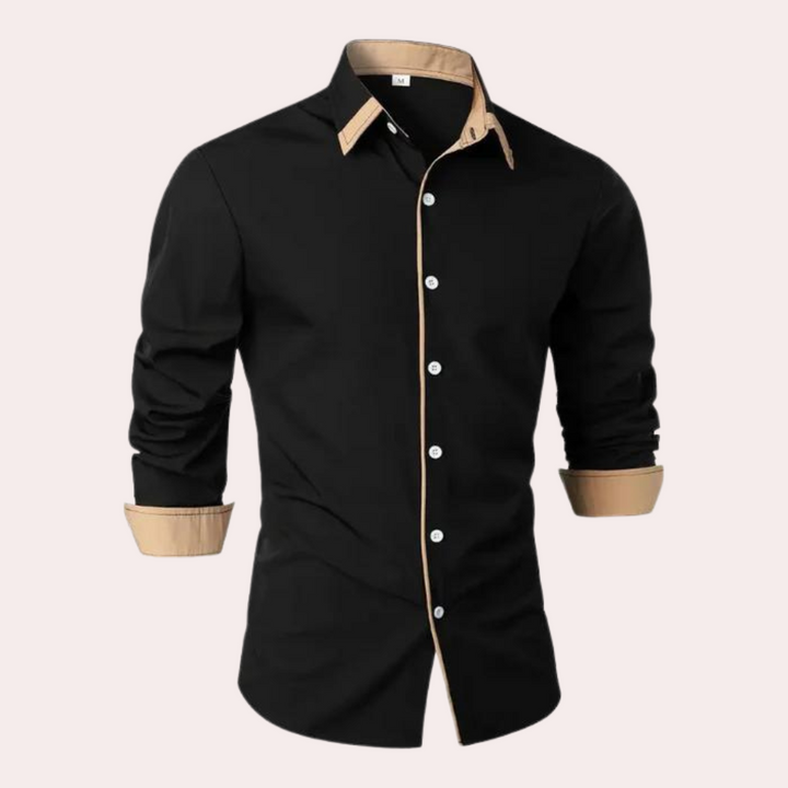 Stylish men's slim fit long-sleeve shirt, perfect for business casual or smart casual events. Features modern contrast trim.