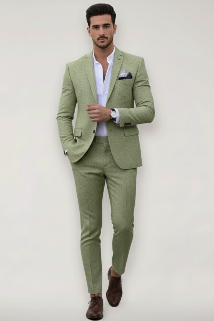 Stylish men's slim fit spring suit in khaki, light green, or pink. Ideal two-piece set for modern business & events.