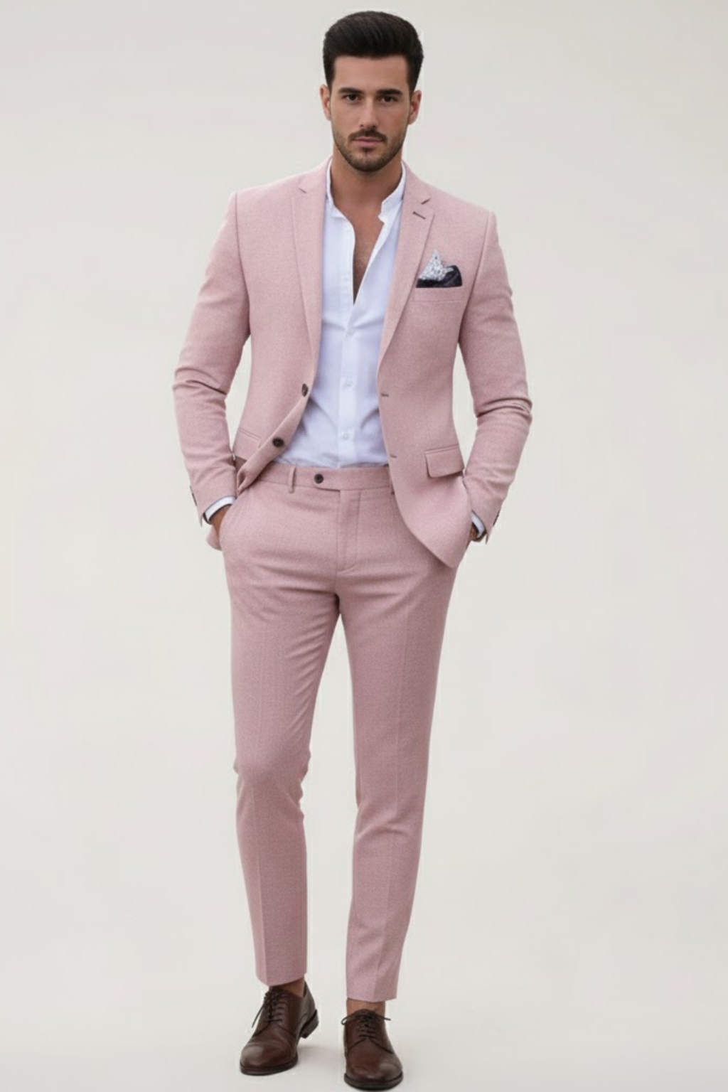 Tailored men's slim fit spring suit, a modern two-piece ensemble for formal wear, business attire, or smart events.