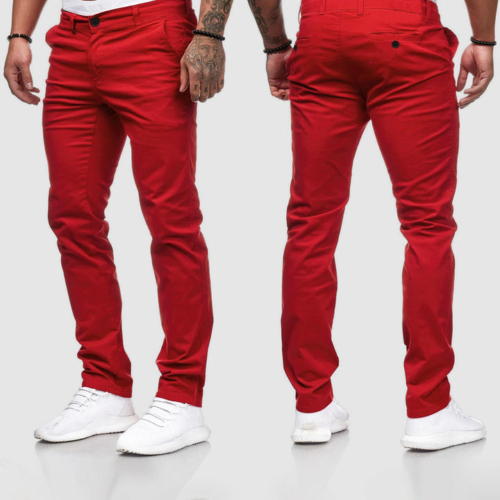 Classic khaki men's slim fit straight leg chino pants, essential for comfortable and stylish casual outfits.