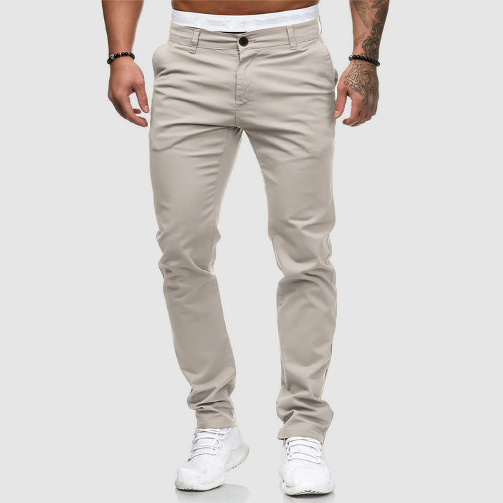 Dark grey men's slim fit straight leg trousers, blending modern style with everyday comfort for men.