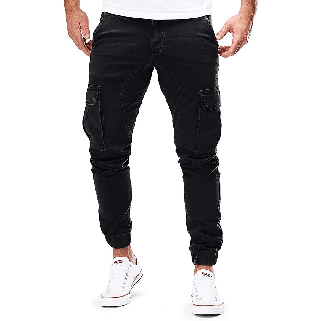 Full-length shot of men's slim fit stretch cargo trousers, showcasing modern style and comfort.