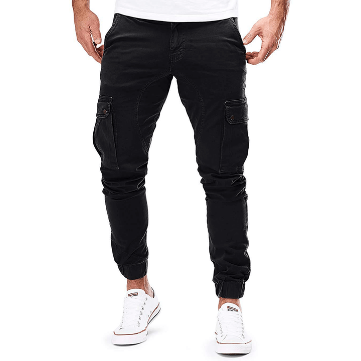 Full-length shot of men's slim fit stretch cargo trousers, showcasing modern style and comfort.