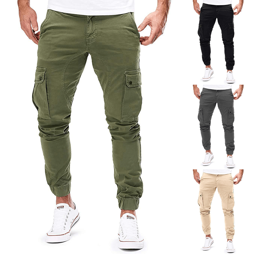 Versatile men's stretch cargo pants, slim fit design for all-day comfort and practical utility.