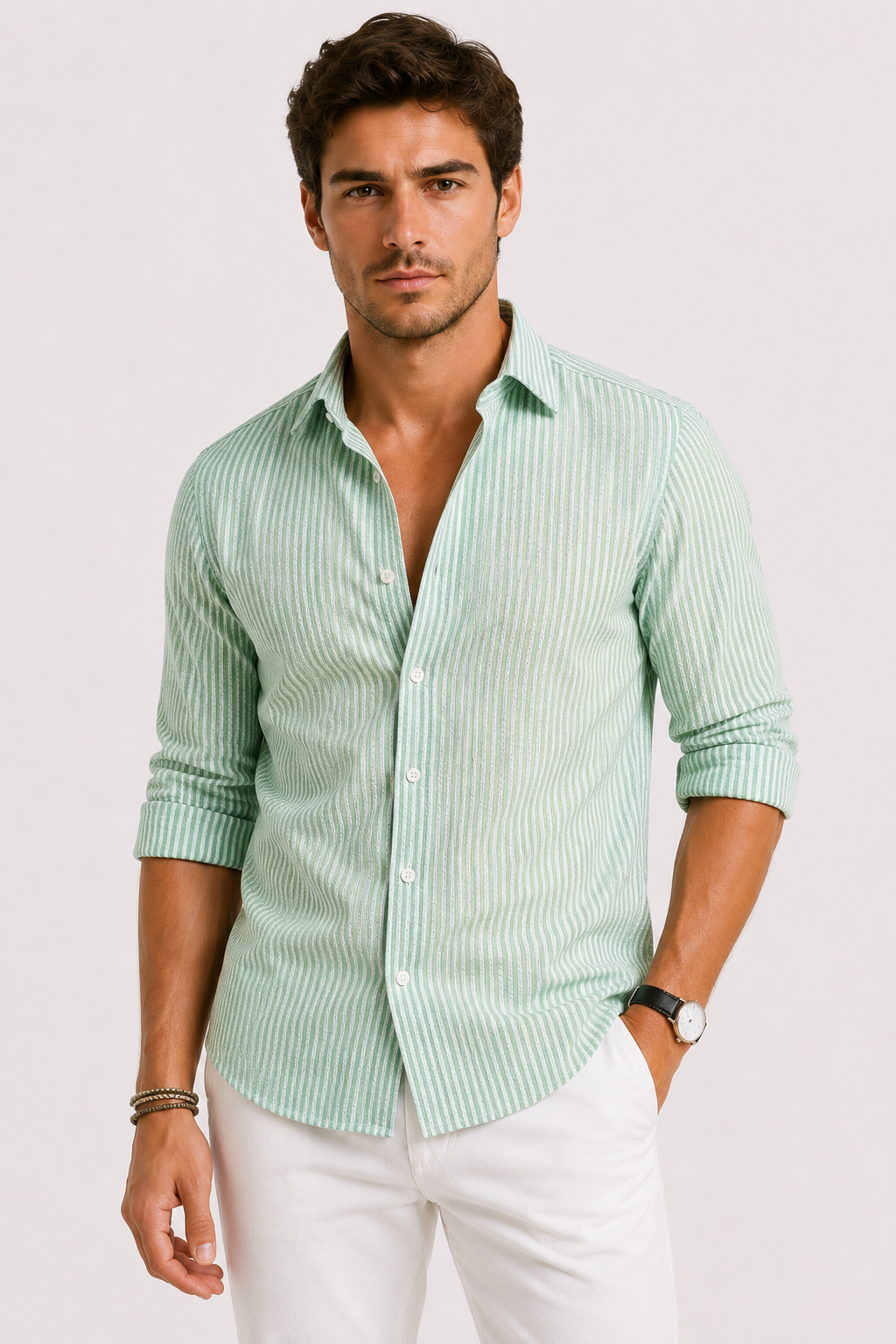 Men's slim-fit striped dress shirt. Modern, comfortable, ideal for office or smart casual wear.