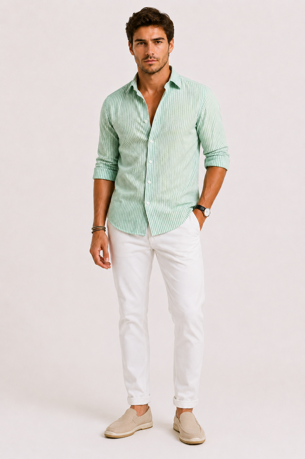 Elegant men's slim-fit striped shirt, perfect for office, smart casual, or versatile everyday fashion.