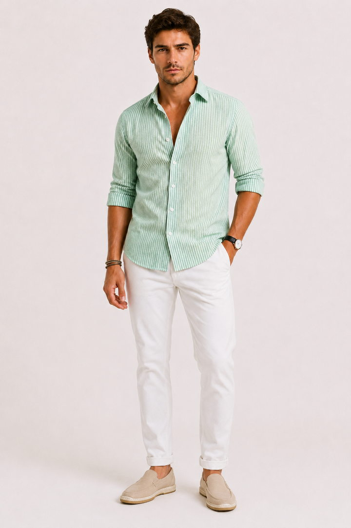 Elegant men's slim-fit striped shirt, perfect for office, smart casual, or versatile everyday fashion.