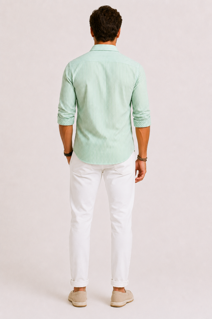 Stylish men's slim-fit dress shirt with a crisp striped pattern, offering modern style & comfort.