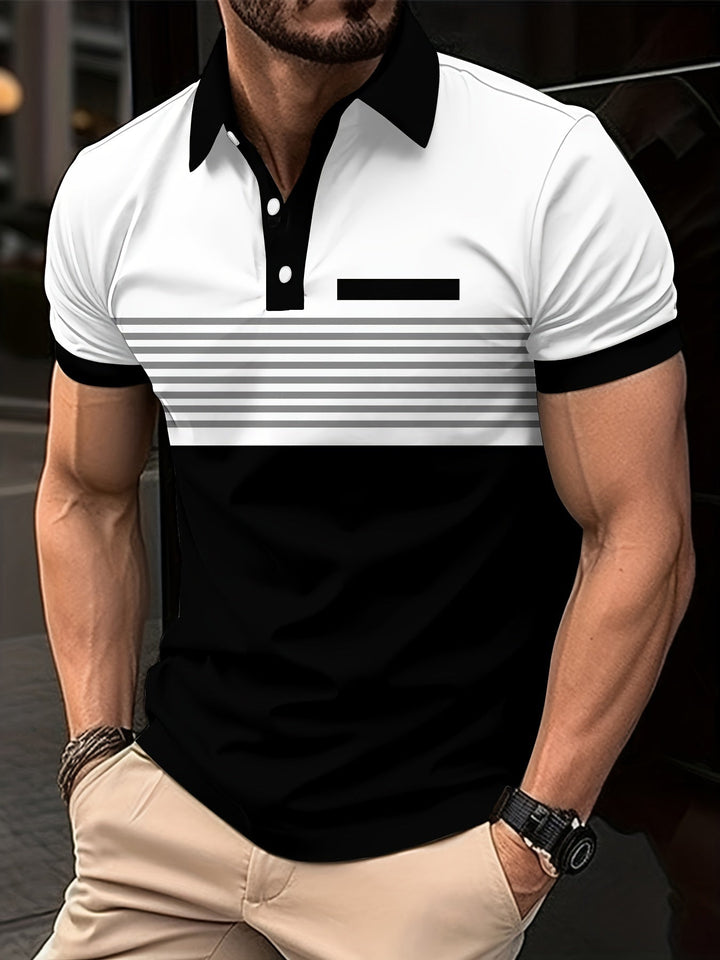 Men's slim fit striped polo shirt, modern casual style. Short sleeve menswear top for everyday comfort.