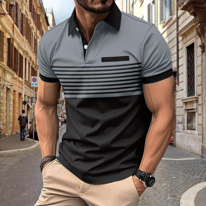 Modern men's striped polo shirt, slim fit and short sleeve. Perfect versatile top for casual or smart casual looks.