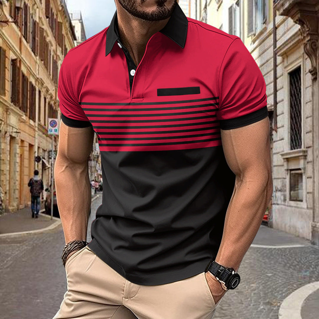 Men's colorblock striped polo shirt, slim fit and short sleeve. Stylish modern top for casual wear.