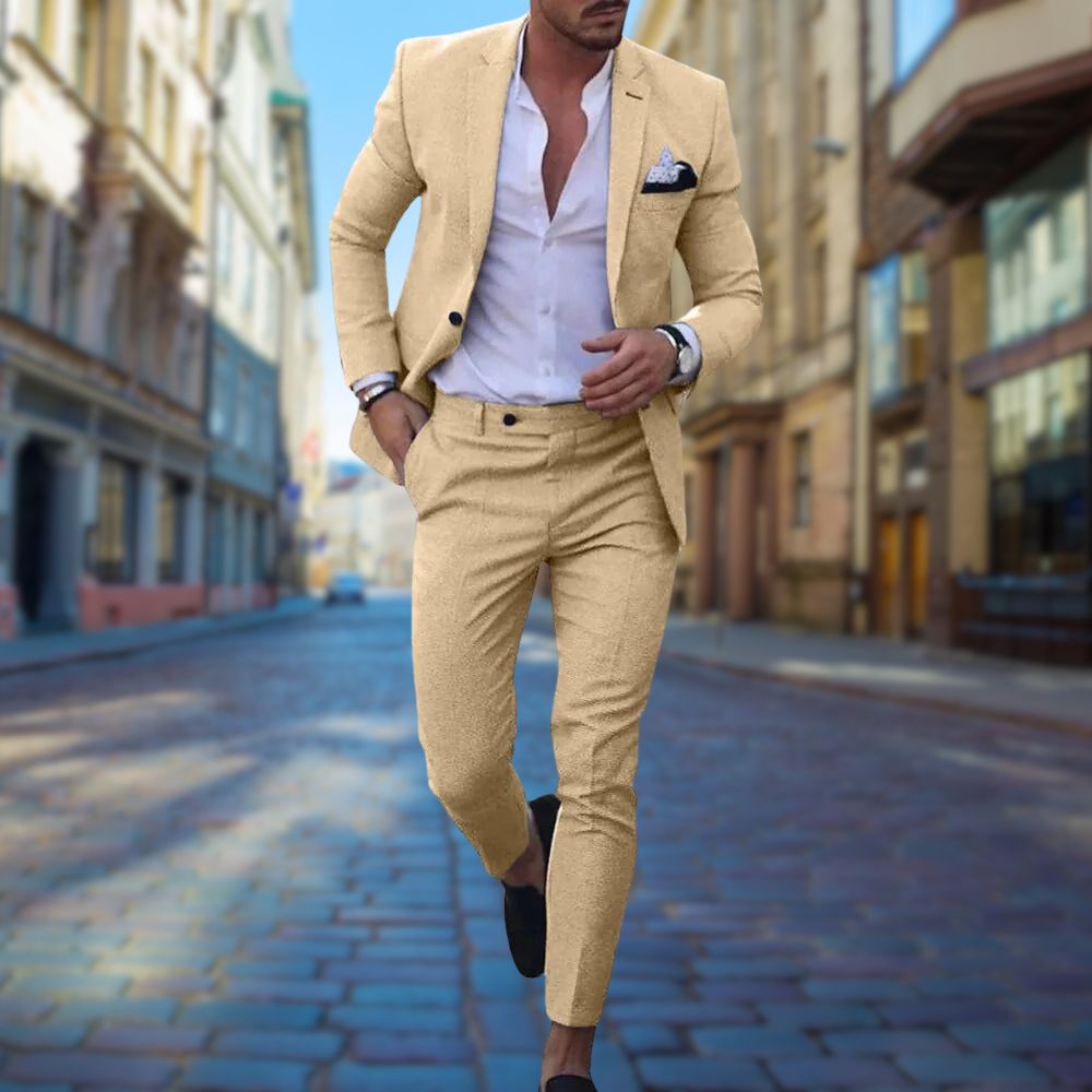 Men's slim fit suit in modern tailored style, perfect for business, weddings, or smart casual events.