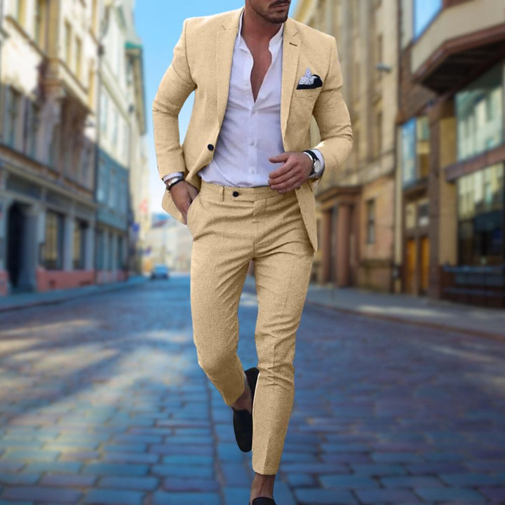 Men's slim fit suit in modern tailored style, perfect for business, weddings, or smart casual events.