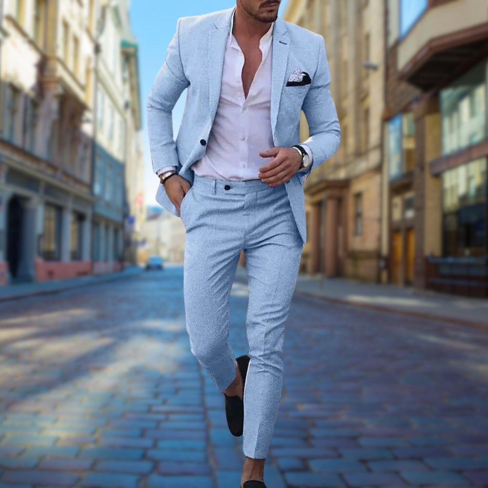 Stylish men's navy slim fit suit, ideal formal wear for business meetings, events, or elegant wedding attire.