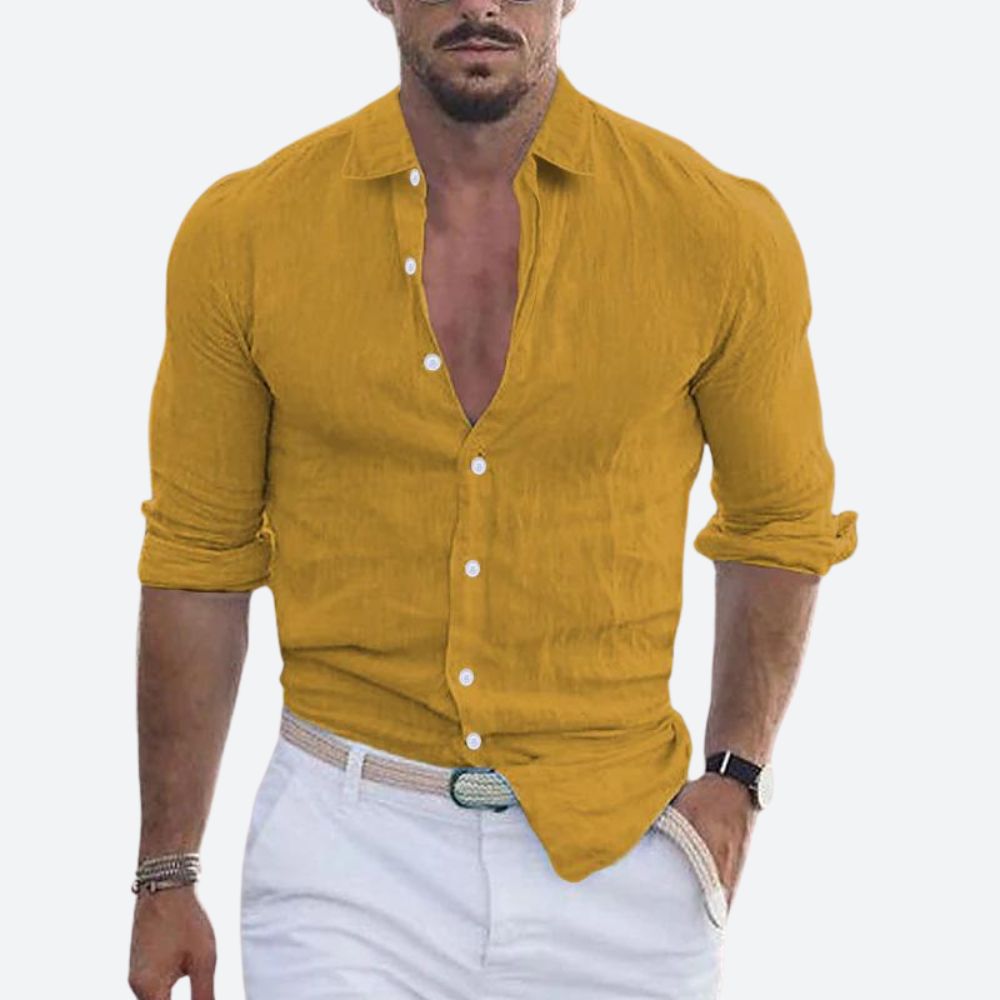 Stylish men's slim fit summer shirt, button-up with open collar. Ideal for smart casual warm weather looks.