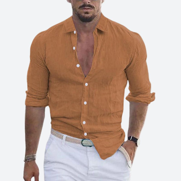 Casual men's button-up summer shirt. Slim fit design, open collar style, perfect for holidays & beachwear.