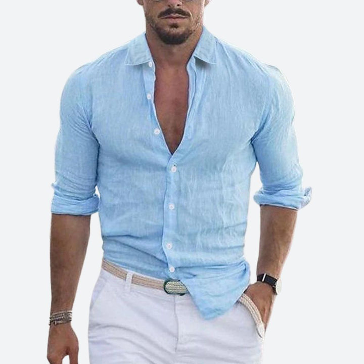 Versatile men's slim fit summer shirt, button-up with an open collar. Great for warm weather & casual fashion.