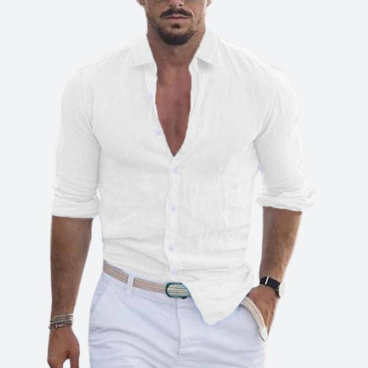 Men's open collar button-up shirt in a slim fit. Essential summer fashion for casual and smart casual wear.