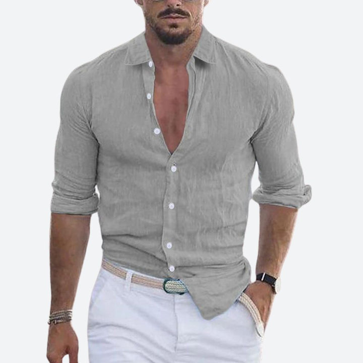 Cool men's summer shirt, slim fit and button-up with an open collar. Perfect for warm weather & beach outfits.