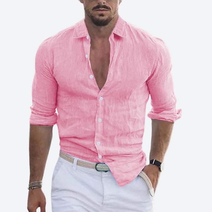 Trendy men's slim fit summer shirt, button-up and open collar. A versatile piece for warm weather casual style.