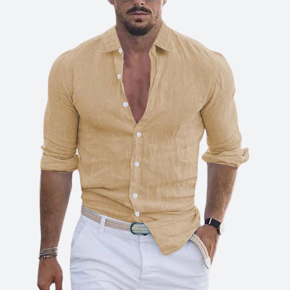 Lightweight men's summer button-up shirt, slim fit with open collar. Casual men's fashion for holiday & beach.