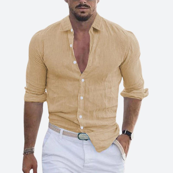Lightweight men's summer button-up shirt, slim fit with open collar. Casual men's fashion for holiday & beach.