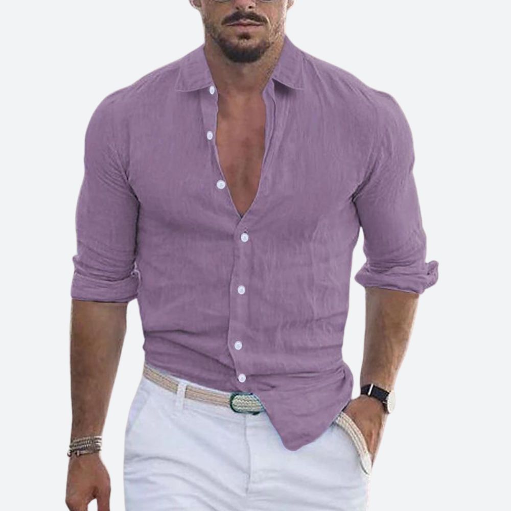 Smart casual men's slim fit summer shirt. Button-up with open collar, ideal for warm weather fashion.