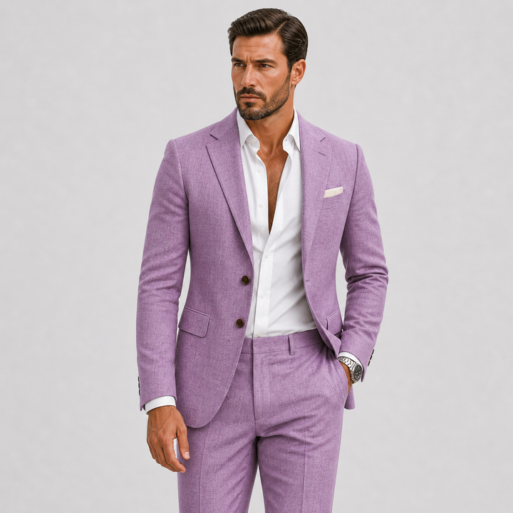 Elegant men's slim fit summer suit. Versatile lightweight formal wear for weddings, business, and smart casual events.