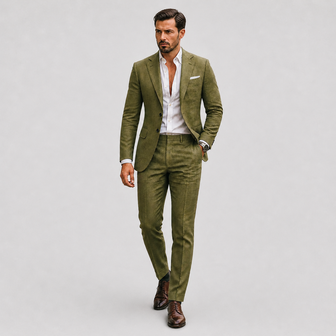 Stylish men's slim fit wedding suit for summer. Ideal lightweight formal wear for groomsmen and guests.